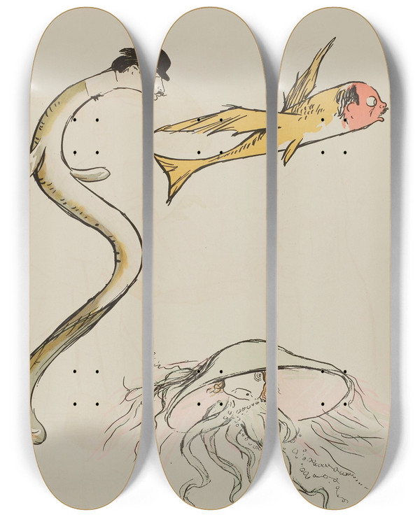 Triptych art skateboard deck of Georges Goursat Sem Baron Felix Oppenheimsantos Dumont Une Femme Non Identifie by Georges Goursat (Sem) (1863-1934)