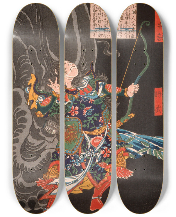 Triptych art skateboard deck of Tsukioka Yoshitoshi Jiang Wu Shbu And The Elephant by Tsukioka Yoshitoshi (1839-1892)