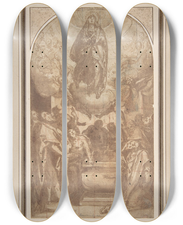 Triptych art skateboard deck of Cesare Nebbia The Assumption Of The Virgin by Cesare Nebbia (1536-1622)