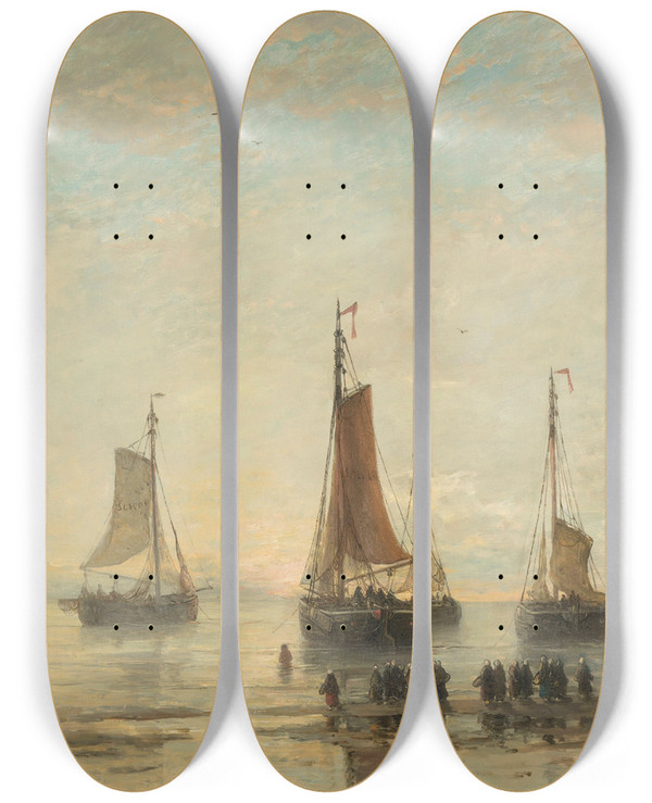 Triptych art skateboard deck of Hendrik Willem Mesdag Bluffbowed Scheveningen Boats At Anchor by Hendrik Willem Mesdag (1831-1915)