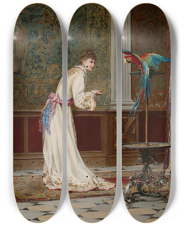 Triptych art skateboard deck of Frederik Hendrik Kaemmerer Feeding The Macaw by Frederik Hendrik Kaemmerer (1839-1902)