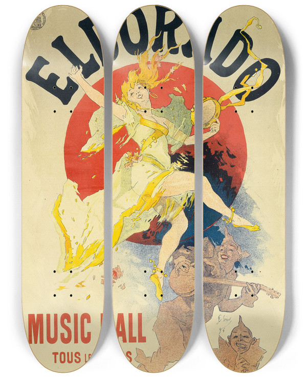 Triptych art skateboard deck of Jules Chret Eldorado Music Hall by Jules Cheret (1836-1932)