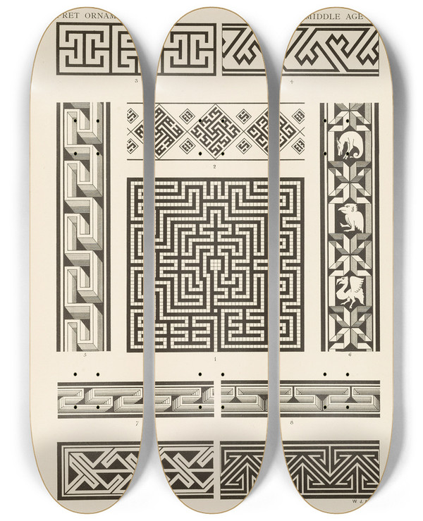 Triptych art skateboard deck of George Ashdown Audsley Outlines Of Ornament In The Leading Styles Pl03 by George Ashdown Audsley (1838-1925)