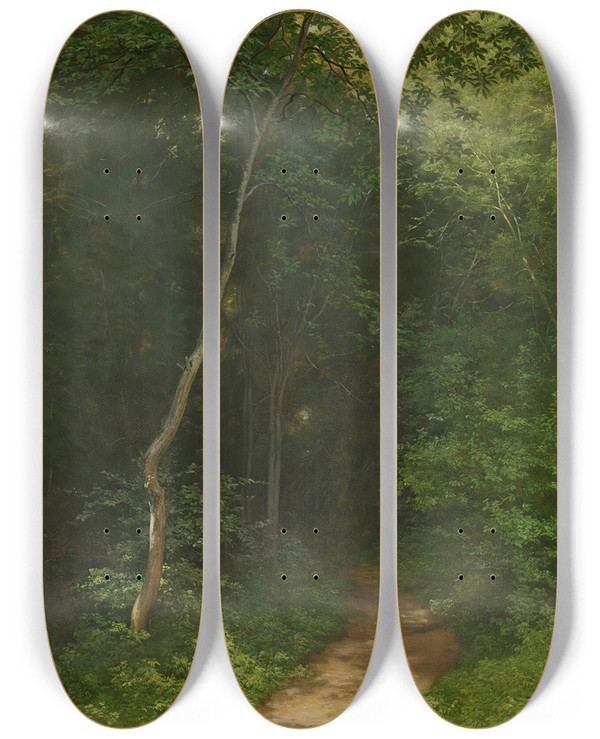 Triptych art skateboard deck of Robert Znd Waldweg Forest Track by Robert Zund (1827-1909)