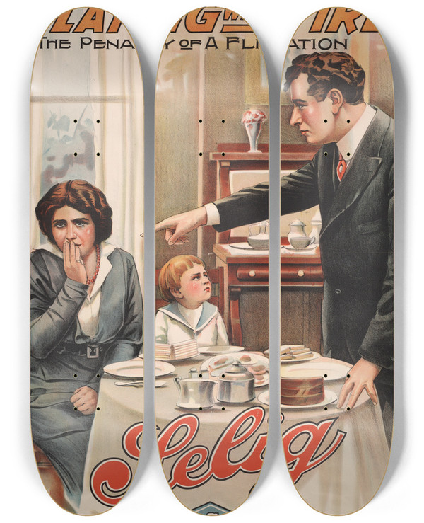 Triptych art skateboard deck of Goes Litho Co Selig Presents Playing With Fire The Penalty Of Flirtation by Goes Litho Co (19-20-)