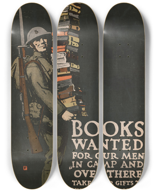 Triptych art skateboard deck of Charles Buckles Falls Books Wanted For Our Men In Camp And Over There by Charles Buckles Falls (1874-1974)