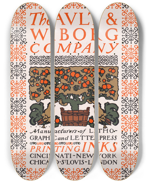 Triptych art skateboard deck of Will Bradley The Ault And Wiborg Company by Will Bradley (1868-1962)