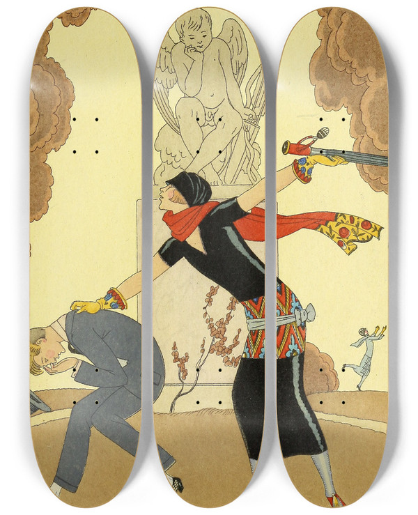Triptych art skateboard deck of George Barbier Falbalas Et Fanfreluches La Colre by George Barbier (1882-1932)
