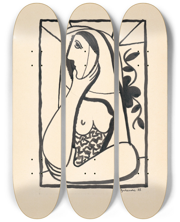 Triptych art skateboard deck of Mikul Galanda V Okne by Mikulas Galanda (1895-1938)