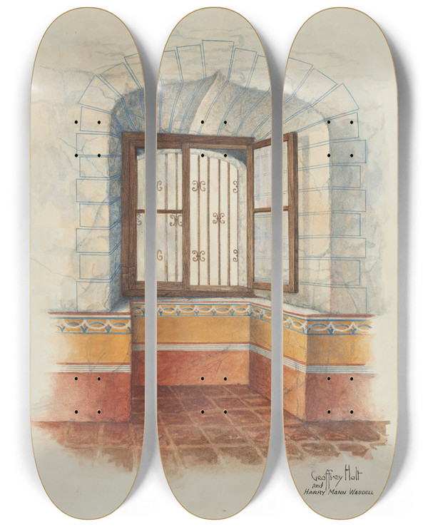 Triptych art skateboard deck of Geoffrey Holt And Harry Mann Waddell Restoration Drawing Wall Painting Around Window With Grille by Geoffrey Holt And Harry Mann Waddell
