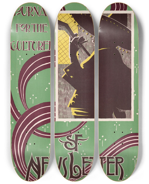 Triptych art skateboard deck of W K Briggs San Francisco News Letter by W K Briggs (19-20-)