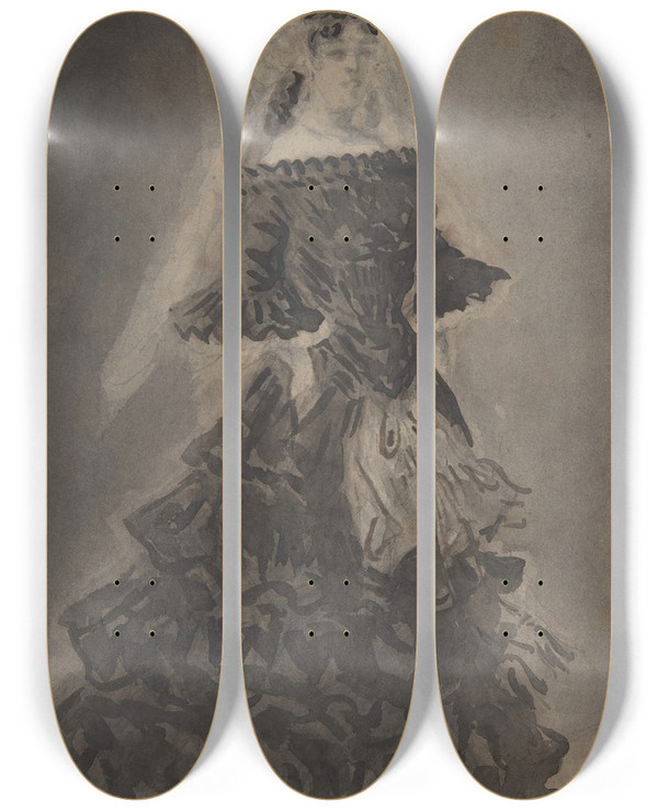 Triptych art skateboard deck of Constantin Guys A Lady With A Veil by Constantin Guys (1805-1892)