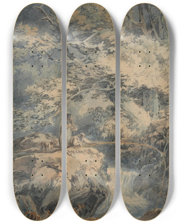 Triptych art skateboard deck of Joseph Mallord William Turner The Angler by Joseph Mallord William Turner (1775-1851)