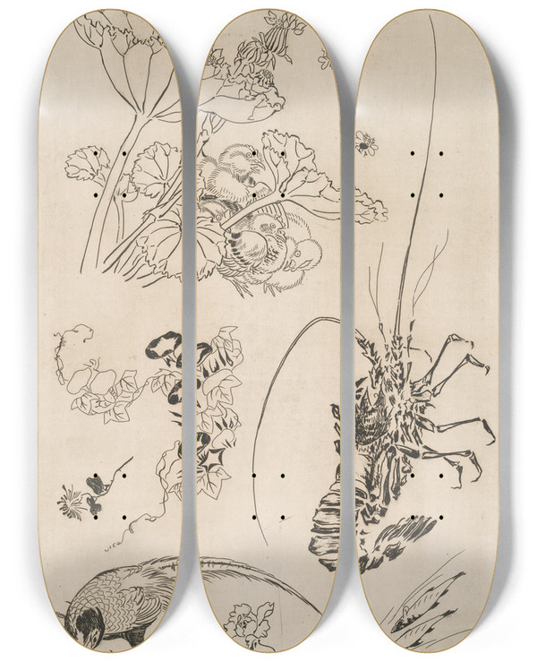 Triptych art skateboard deck of Flix Bracquemond Langouste Plantes Avec Oiseaux by Felix Bracquemond (1833-1914)