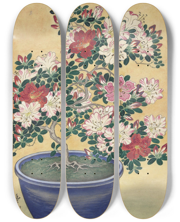 Triptych art skateboard deck of Ohara Koson Flowering Azalea In Blue Pot by Ohara Koson (1877-1945)