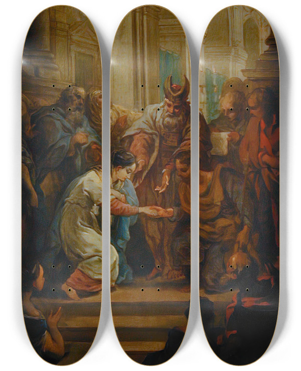 Triptych art skateboard deck of Charlesandr Van Loo The Marriage Of The Virgin by Charles-Andr van Loo (1705-1765)