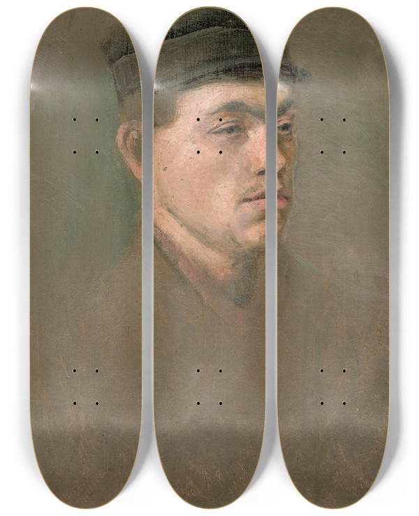 Triptych art skateboard deck of Ladislav Mednynszky Head Study Of A Craftsboy by Ladislav Mednyanszky (1852-1919)