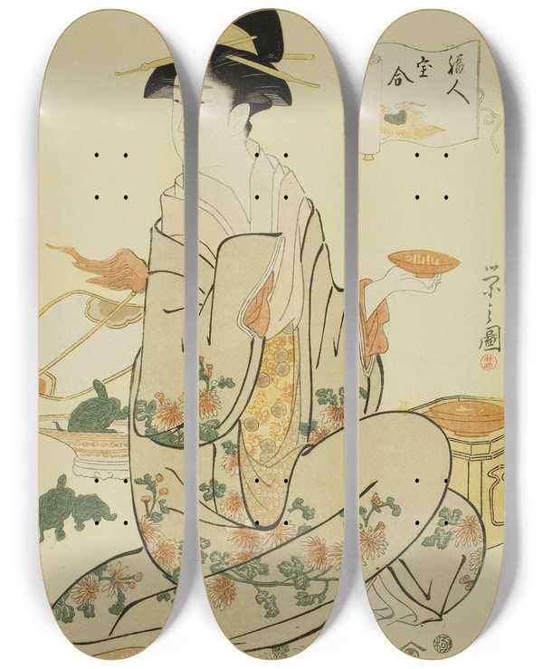 Triptych art skateboard deck of Chbunsai Eishi Jurojin From The Series A Comparison Of The Treasures Of The Gods Of Good Fortune Fukujin Takara Awase by Chobunsai Eishi (1756-1829)