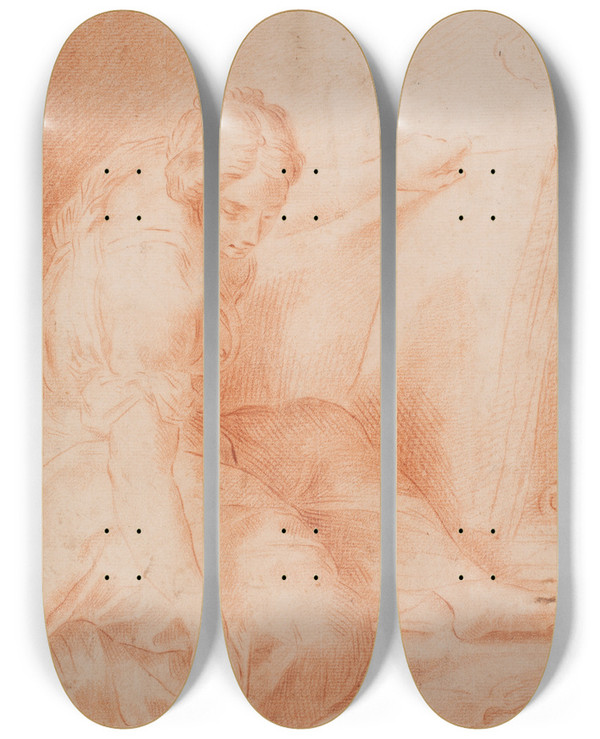Triptych art skateboard deck of Hendrik Krock Kvinde Skrivende I En Foliant Fama by Hendrik Krock (1671-1738)
