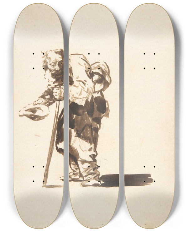 Triptych art skateboard deck of Francisco De Goya Beggar With A Staff In His Left Hand by Francisco de Goya (1746-1828)