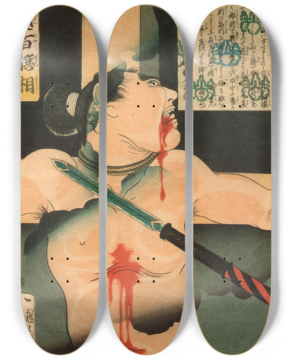 Triptych art skateboard deck of Tsukioka Yoshitoshi Horii Tsuneemon Crucified by Tsukioka Yoshitoshi (1839-1892)