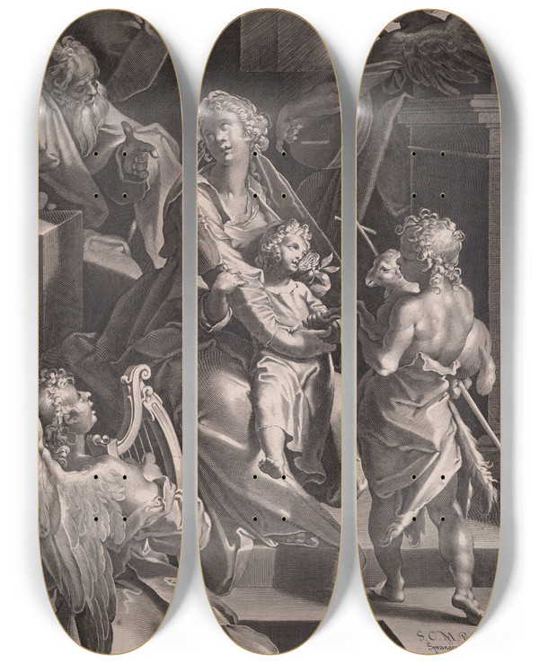Triptych art skateboard deck of Lucas Kilian The Holy Family And Two Angels by Lucas Kilian (1579-1637)