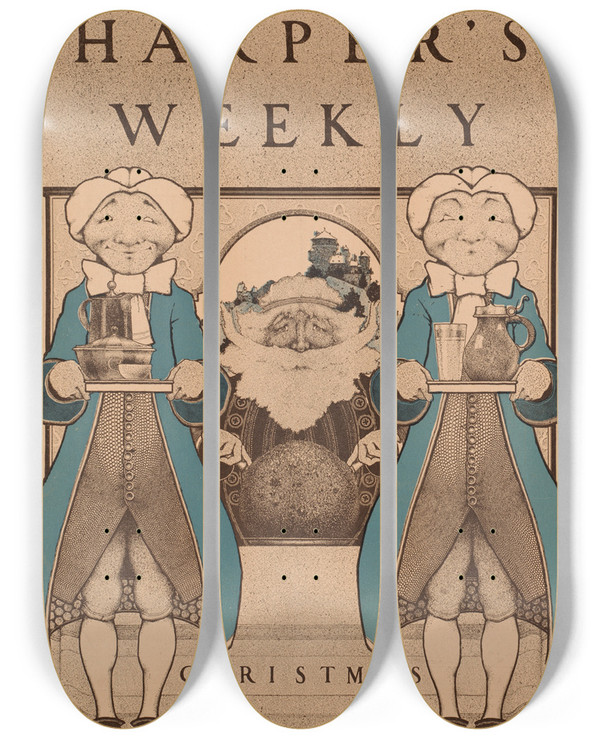 Triptych art skateboard deck of Maxfield Parrish Harpers Weekly Christmas_2 by Maxfield Parrish (1870-1966)