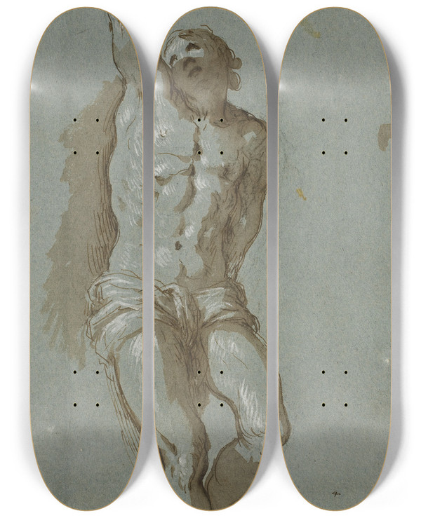 Triptych art skateboard deck of Jacopo Palma Il Giovane Den Hellige Sebastian by Jacopo Palma Il Giovane (1548-1628)