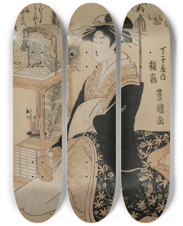 Triptych art skateboard deck of Toyokuni Utagawa Hinazura Of Chjiya From The Series Beauties As The Seven Komachi by Toyokuni Utagawa (1769-1825)