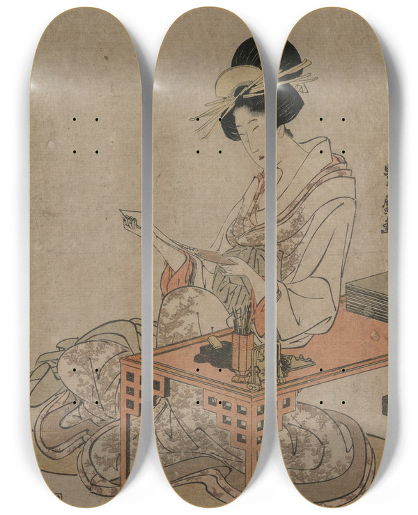 Triptych art skateboard deck of Utagawa Toyohiro Courtesan Seated At A Writing Table by Utagawa Toyohiro (1733-1828)