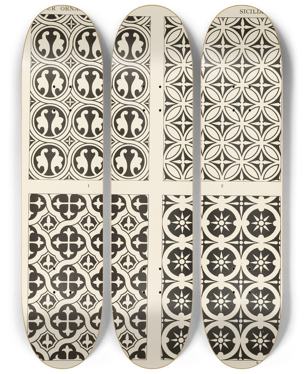 Triptych art skateboard deck of George Ashdown Audsley Outlines Of Ornament In The Leading Styles Pl31 by George Ashdown Audsley (1838-1925)