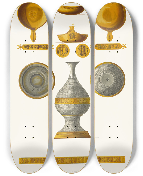 Triptych art skateboard deck of Fedor Grigoryevich Solntsev Serebrianaia Perechnitsa Tsaria Feodora Ioannovicha I Zolotoi Kovsh Tsaria Borisa Godunova by Fedor Grigoryevich Solntsev (1801-1892)