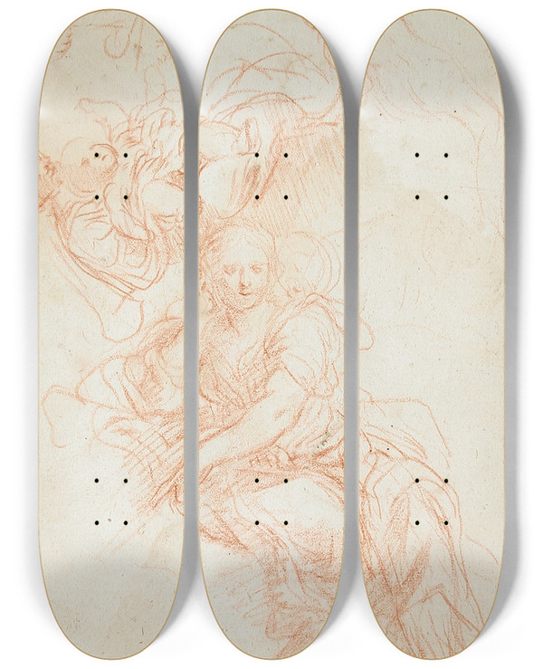 Triptych art skateboard deck of Cesare Gennari Study Of A Seated Woman by Cesare Gennari (1637-1688)