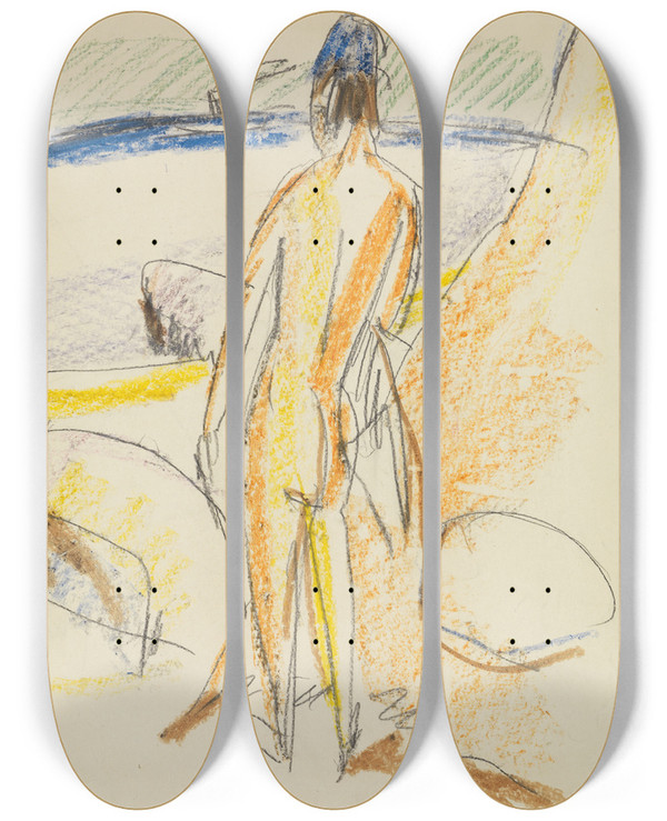 Triptych art skateboard deck of Ernst Ludwig Kirchner Stehender Rckenakt An Den Steinen Fehmarn by Ernst Ludwig Kirchner (1880-1938)