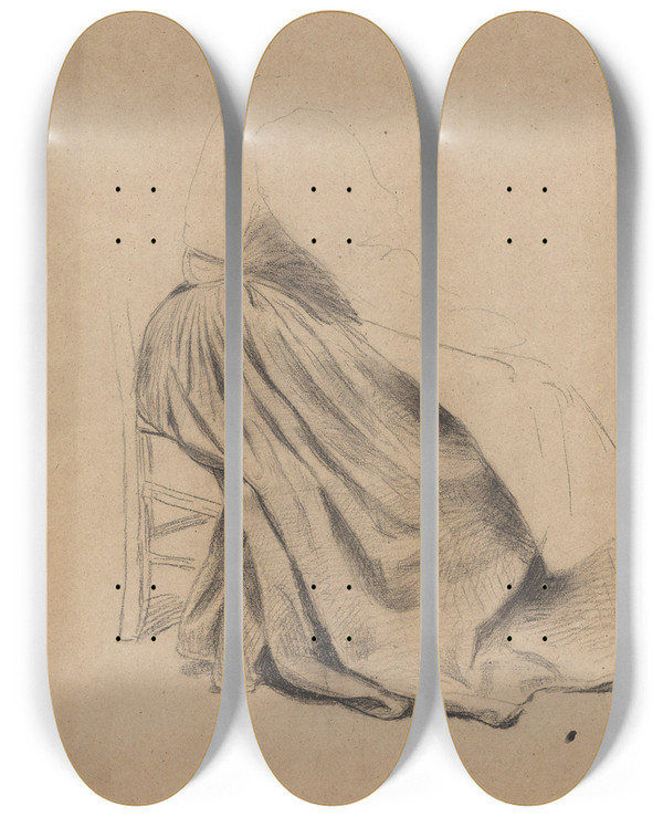 Triptych art skateboard deck of Adolph Tidemand Draperistudie by Adolph Tidemand (1814-1876)