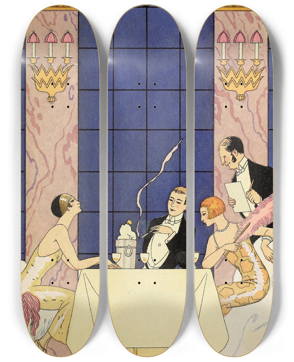 Triptych art skateboard deck of George Barbier Falbalas Et Fanfreluches La Gourmandise by George Barbier (1882-1932)