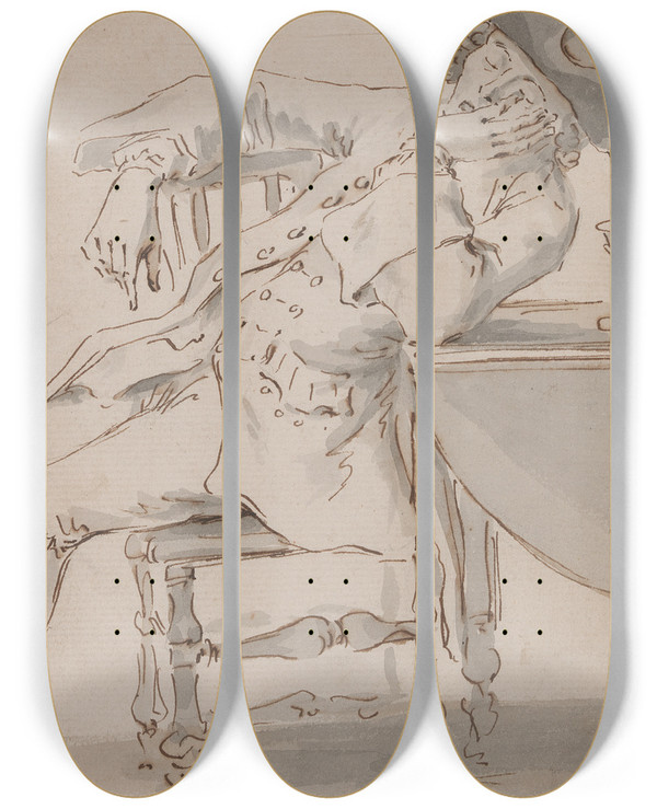 Triptych art skateboard deck of Louis Philippe Boitard Man Asleep Leaning Against A Table by Louis Philippe Boitard (1734-1760)