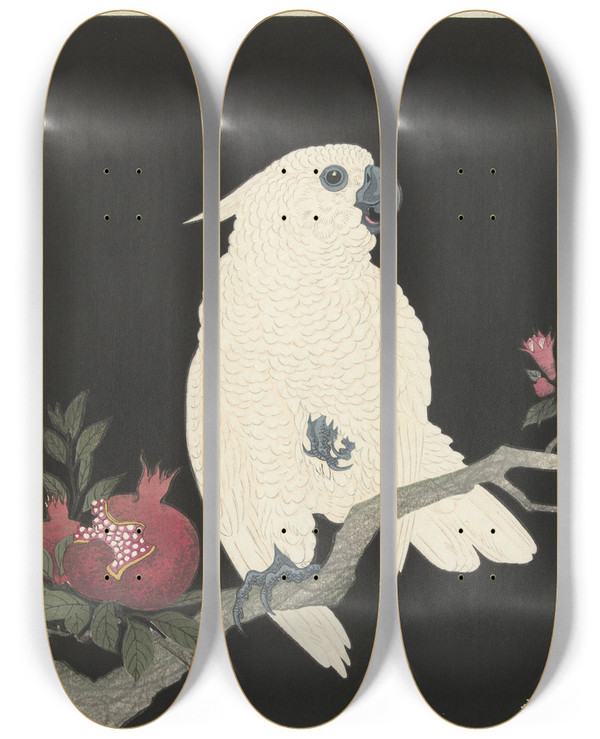 Triptych art skateboard deck of Ohara Koson Cockatoo And Pomegranate_1 by Ohara Koson (1877-1945)
