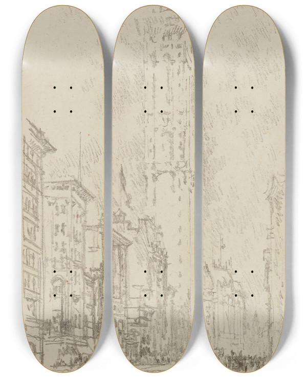 Triptych art skateboard deck of Joseph Pennell The Times Building by Joseph Pennell (1857-1926)