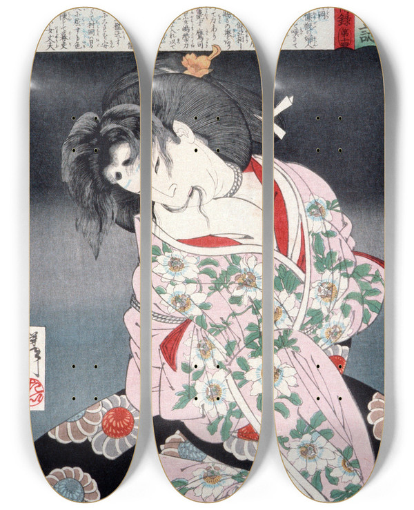 Triptych art skateboard deck of Tsukioka Yoshitoshi Muraoka Of The Konoe Clan Bound With Rope by Tsukioka Yoshitoshi (1839-1892)