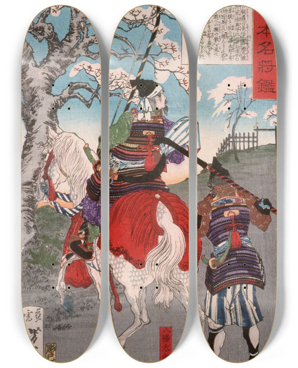 Triptych art skateboard deck of Tsukioka Yoshitoshi Hachimantar Yoshiie At Nakoso Barrier by Tsukioka Yoshitoshi (1839-1892)