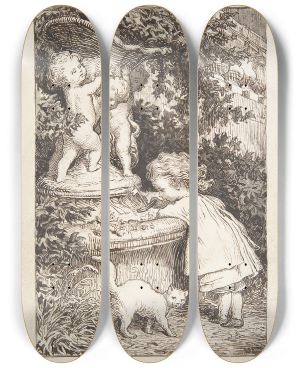 Triptych art skateboard deck of Lorenz Frlich The Fountain by Lorenz Frolich (1820-1908)