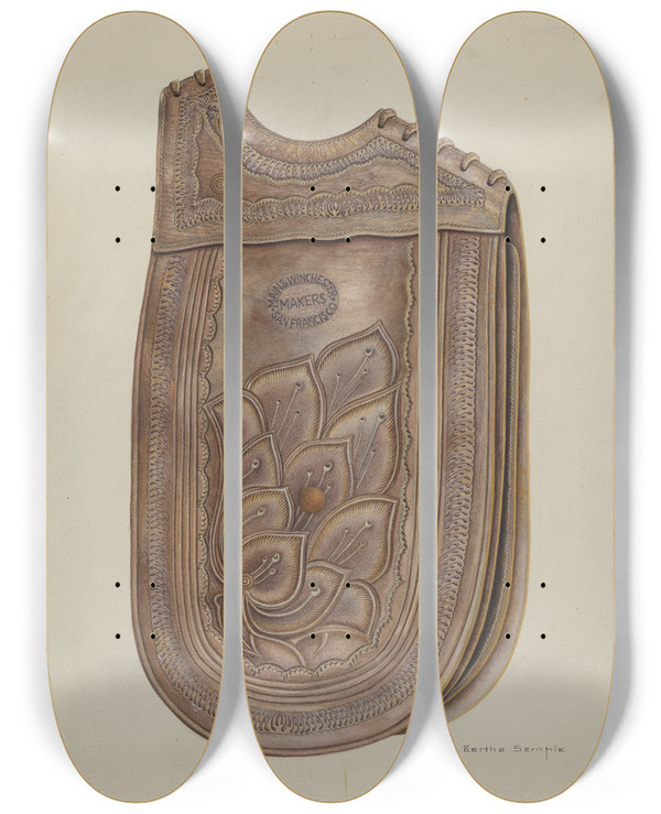 Triptych art skateboard deck of Bertha Semple Saddle Bag by Bertha Semple