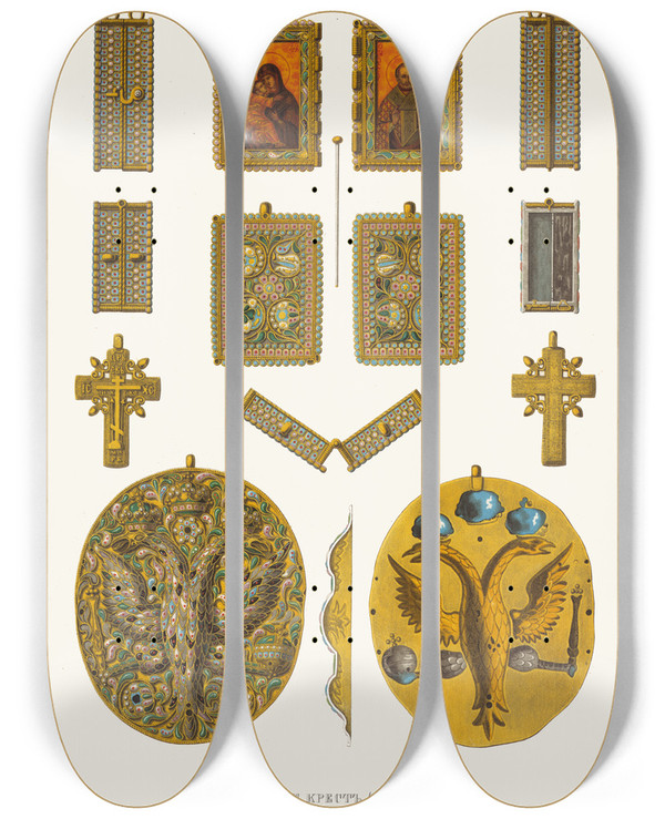 Triptych art skateboard deck of Fedor Grigoryevich Solntsev Obrazok I Krest Tylnik Pripisyvaemye Dimitriiu Samozvantsu by Fedor Grigoryevich Solntsev (1801-1892)