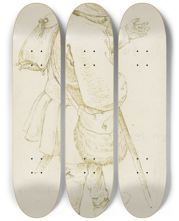 Triptych art skateboard deck of Roelant Savery Walking Man With Knapsack by Roelant Savery (1576-1639)
