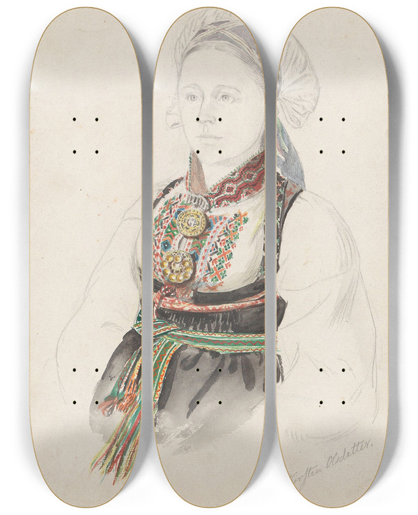 Triptych art skateboard deck of Adolph Tidemand Kirsti Olsdotter Heddal by Adolph Tidemand (1814-1876)