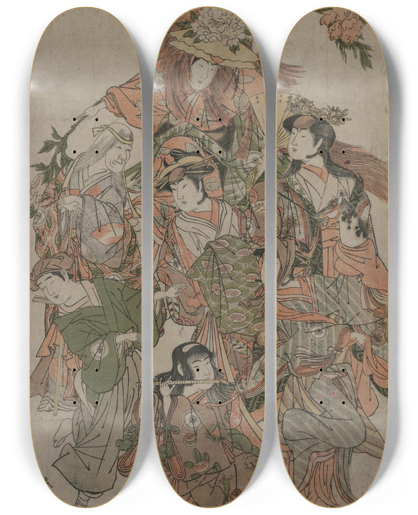 Triptych art skateboard deck of Katsukawa Shunei Iwai Hanshiro Iv In A Dance Of Seven Changes by Katsukawa Shunei (1762-1819)