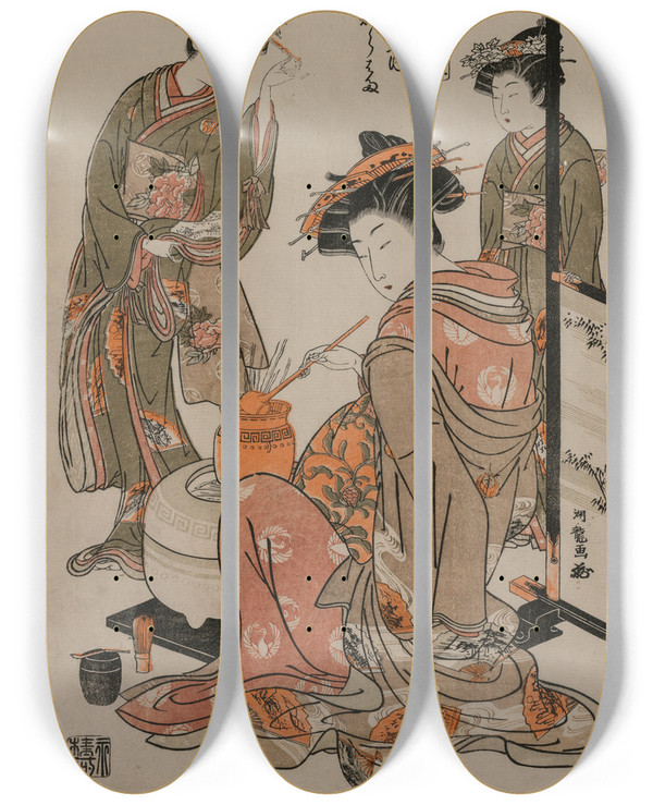 Triptych art skateboard deck of Isoda Korysai The Courtesan Karahama Of Yamashiroya Performing The Tea Ceremony From The Series Models For Fahions New Designs As Fresh As Young Leaves by Isoda Koryusai (1735-1790)