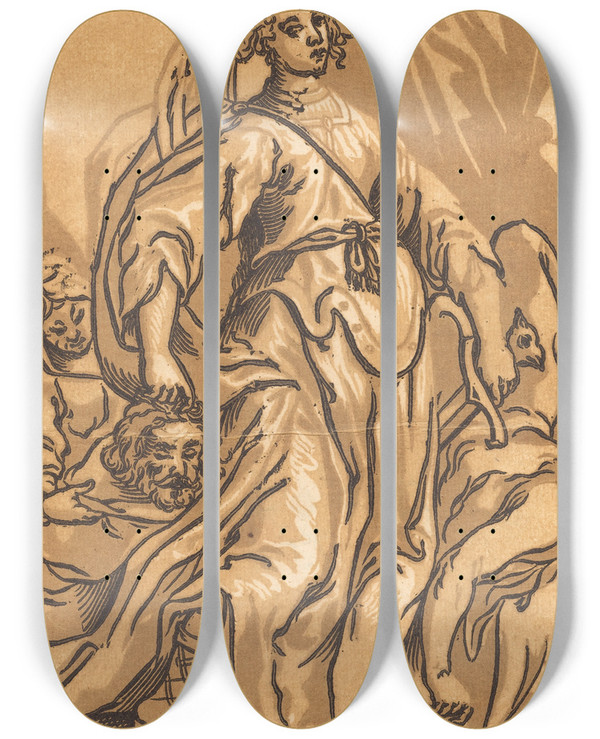 Triptych art skateboard deck of Ludwig Bsinck Judith And Holofernes by Ludwig Bsinck (1590-1669)