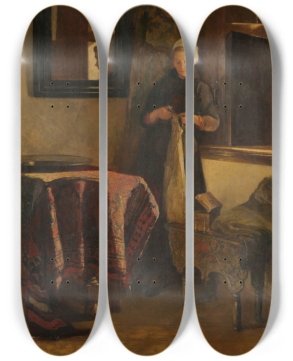 Triptych art skateboard deck of Christoffel Bisschop A Sunny Corner by Christoffel Bisschop (1826-1904)